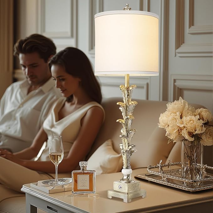 33'' Touch Control Table Lamp Set of 2, 3-Way Dimmable Buffet Lamps with USB A+C Ports and White Shade, Silver Leaf Finish Nightstand Lamps for Living Room Bedroom Office Study Dinning (Bulb Included)