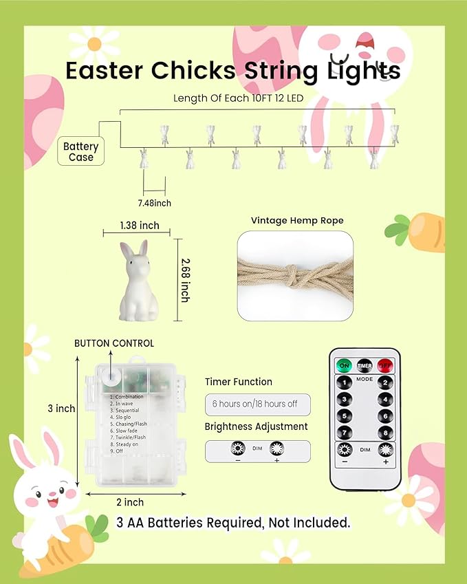 YIQU Easter Decoration String Lights, 10FT 12LED Indoor Bunny Mantel Garland Battery Operated with Remote Timer 8 Modes, Hemp Rope Banner for Fireplace Table Wall Spring Party Indoor Outdoor Decor