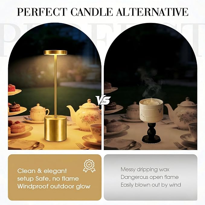 Cordless Table Lamp – 2 Pack Rechargeable Table Lamps, 5000mAh Battery Operated Lamp with 3-Color Dimmable Light, Outdoor Table Lamp for Bedroom, Restaurant, Patio, Home Décor (Gold)