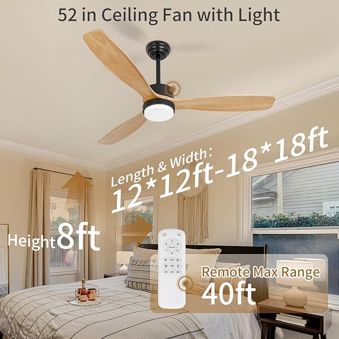 52inches Ceiling Fan with Lights,Wood Downrod Ceiling Fans with Remote Control,Dimmable Light,3 CCT,6 Speeds,Noiseless DC Motor,2 rods,Ceiling Fan for Bedroom,Living Room,Office,Indoor