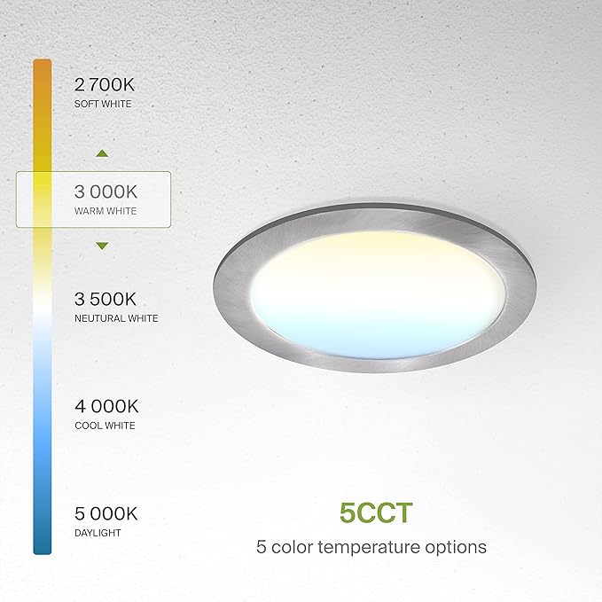 ASD 6 Pack LED Recessed Lighting 6 Inch 15W, 5 CCT 2700K-5000K CRI90+, IC Rated Ultra Thin Dimmable Ceiling Lights with J Box, Canless Wafer Downlight, Round Slim Panel Light, UL Energy Star, Nickel