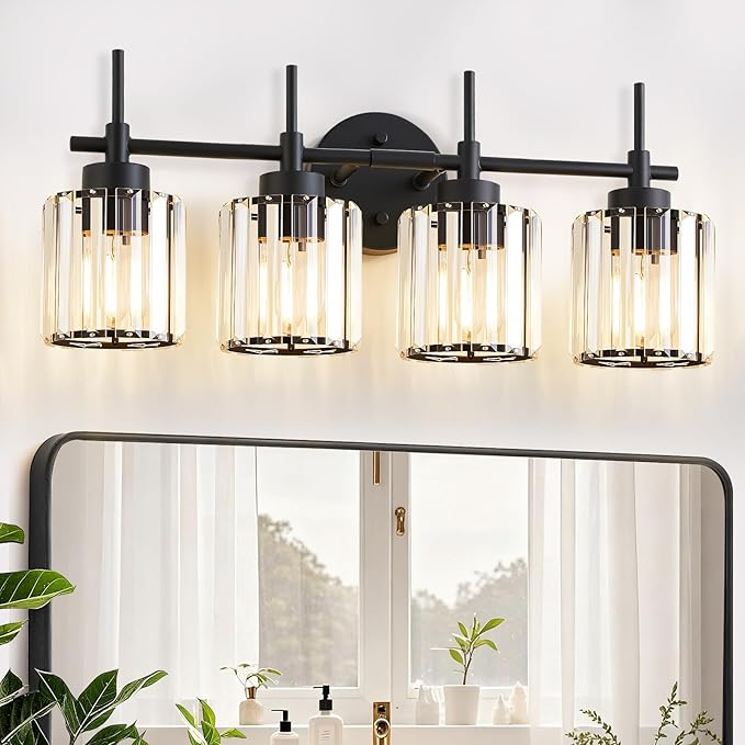 4 Light Round Crystal Vanity Lights, Modern Black Crystal Wall Light Bath Mirror Light Fixture Over Mirror Bathroom Wall Sconces for Bathroom Living Room