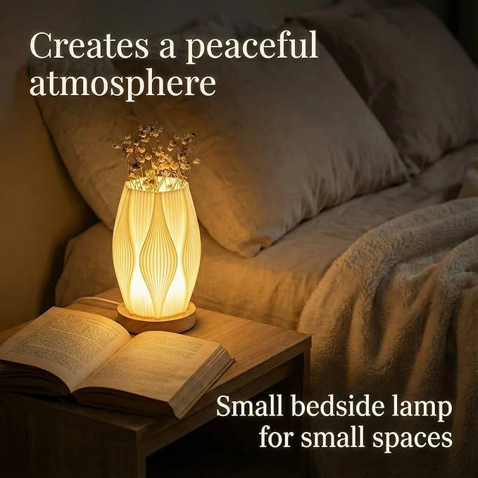 3D Printed Mini Lamp, Small Bedside Lamp with 3-Color Dimmable LED, Small Nightstand Lamp for Tight Spaces, Beautiful Lamp with Wooden Base - Helix