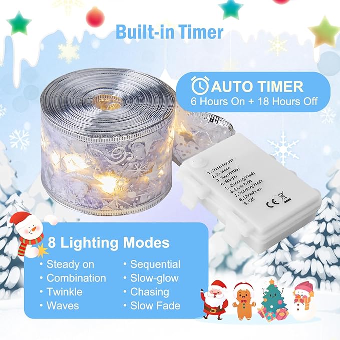 Minetom Christmas Tree Ribbon String Lights - 33ft 100 LED Battery Powered Fairy Lights with Timer