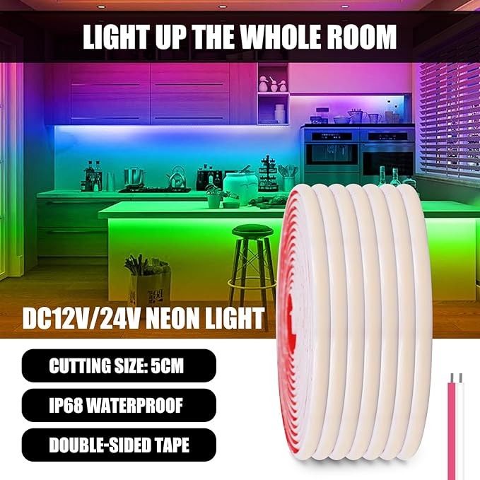 24V COB Neon Strip, 320LEDs/m Ultra-Bright Flexible COB Neon LED Strip, Outdoor Waterproof IP68 Self-Adhesive Tape, Red/White 2-Wire LED Fairy Lights for Patio, Christmas（Blue,8M）