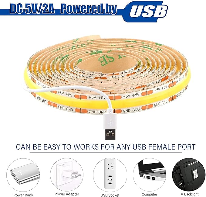dephen 4.9ft Dimmable LED Strip Lights, 5v 4000K Daylight Dotless COB String, Flexible and Cuttable Rope Lighting, Self Adhesive Tape for TV Backlight, Bedroom, Cabinet, Kitchen, DIY