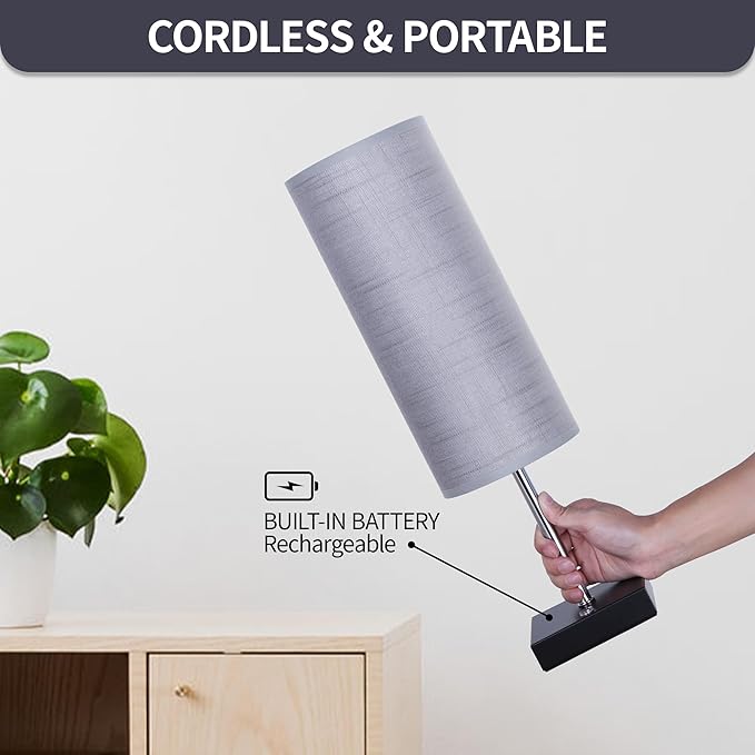 18Inch Cordless Lamp Table Lamps set of 2, 5000mAh Rechargeable Beside Table Lamp for Living Room, 2700K Battery Operated Small Bedroom Desk Lamp for Night Stand Grey Shade for Home（Bulb Included）