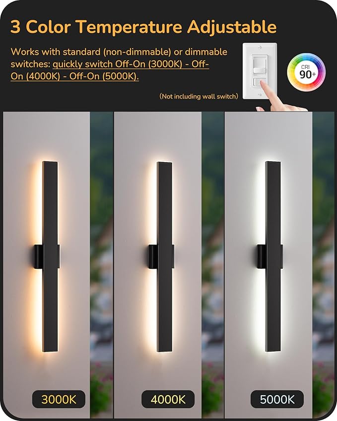 EDISHINE 31in LED Outdoor Wall Lights, 3CCT & 10%-100% Dimmable, IP65 Waterproof, Modern Exterior Lighting Fixtures, Long Exterior Wall Lights for Garage, Front Door, 2 Pack, Black