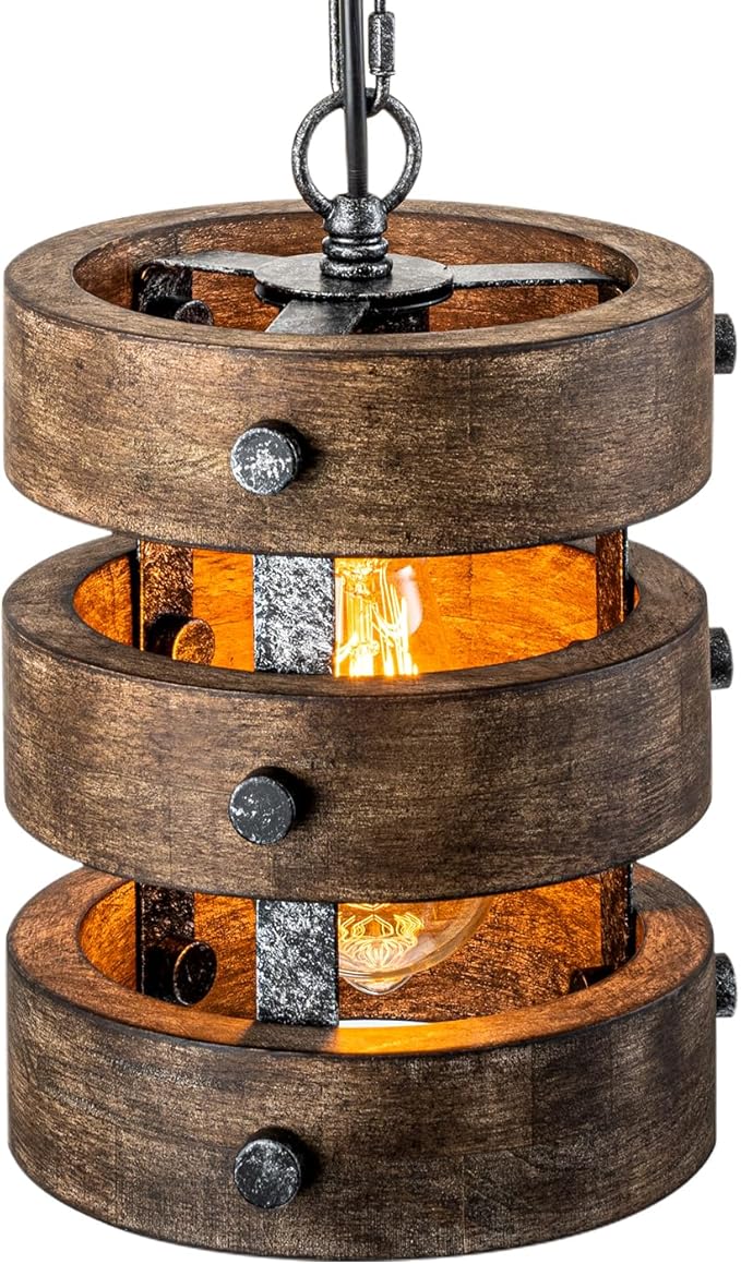 Farmhouse Wood Pendant Lights Kitchen Island, Dining Room Lighting Fixtures Over Table, Rustic Chandelier, Height Adjustable Hallway Light for Foyer Living Room Bar Restaurant