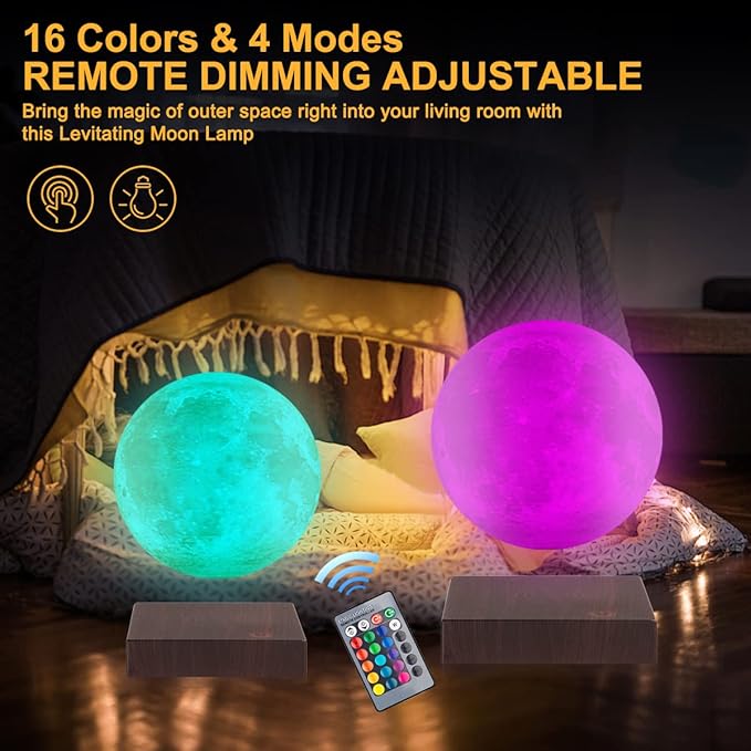 UVEHAS Levitating Moon Lamp, Floating and Spinning 3D Moon Light Magnetic Levitation Lunar Night Lights Unique Holiday Birthday Gifts Room Table Desk Decoration, 16 Colors LED Moon