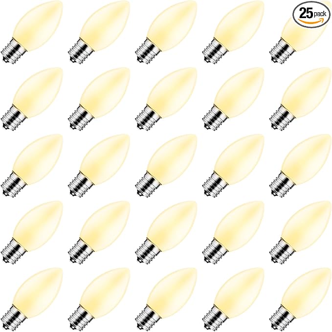 Brightown 25 Pack C9 Replacement Bulbs, Christmas C9 Incandescent Bulbs for Christmas String Lights, Christma Tree, Indoor Outdoor Holiday Decor, E17 Intermediate Base, 7 Watts, White
