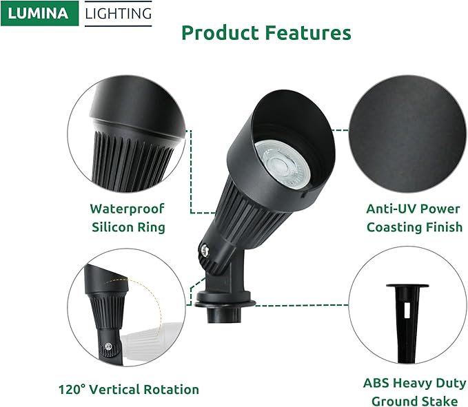 Lumina Lighting® 5W Landscape Lighting 12V Landscape Lights Low Voltage Landscape Spotlights Warm White Waterproof Outdoor Replaceable LED Bulb for Garden,Lawn,Porch,Patio and Yard (Black) (2-Pack)
