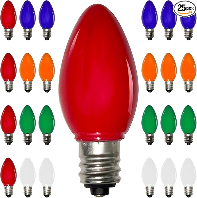 25 Pack C7 Replacement Light Bulbs, Vintage Multicolor Baked 0.6w LED Christmas Bulbs for Christmas String Lights, E12 Candelabra Base, Colorful Ceramic Light for Xmas Tree Patio Indoor Outdoor Decor
