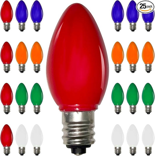 25 Pack C7 Replacement Light Bulbs, Vintage Multicolor Baked 0.6w LED Christmas Bulbs for Christmas String Lights, E12 Candelabra Base, Colorful Ceramic Light for Xmas Tree Patio Indoor Outdoor Decor