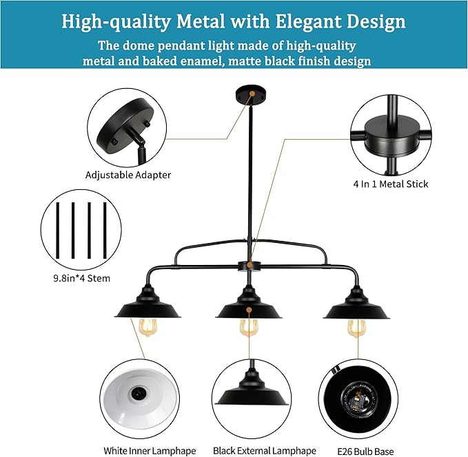 Modern Farmhouse Black Pendant Lighting Fixture, 3-Lights Industrial Linear Chandelier Metal Hanging Lamp for Kitchen Island Dining Room Living Room Hallway Pool Table