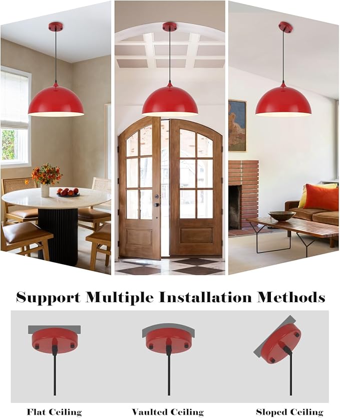 Red Pendant Lights Kitchen Island, 16" Dome Pendant Light, Modern Farmhouse Pendant Light for Kitchen Island, Dining Room, Cafe, Bar, 2 Pack