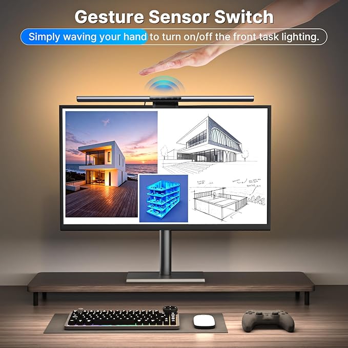 Syrinx 16.7" Computer Monitor Light Bar with Ambient Backlight, USB Reading LED Lamp, Screen Monitor Lamp, Touch + Gesture Control, Dimmable Desk Light, Eye-Caring, No Screen Glare for (Basic)