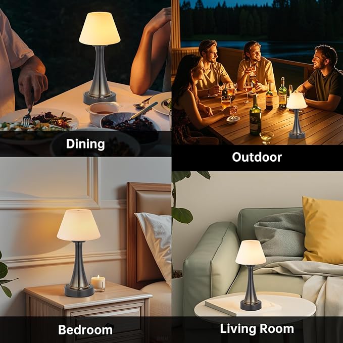 Waterproof Rechargeable Table Lamp for Shower & Outdoor, Cordless Touch Dimmable Nightstand Lamp with 3 Light Colors, Portable LED Light for Bedroom, Patio, Camping & Bar (Bright Chromium)