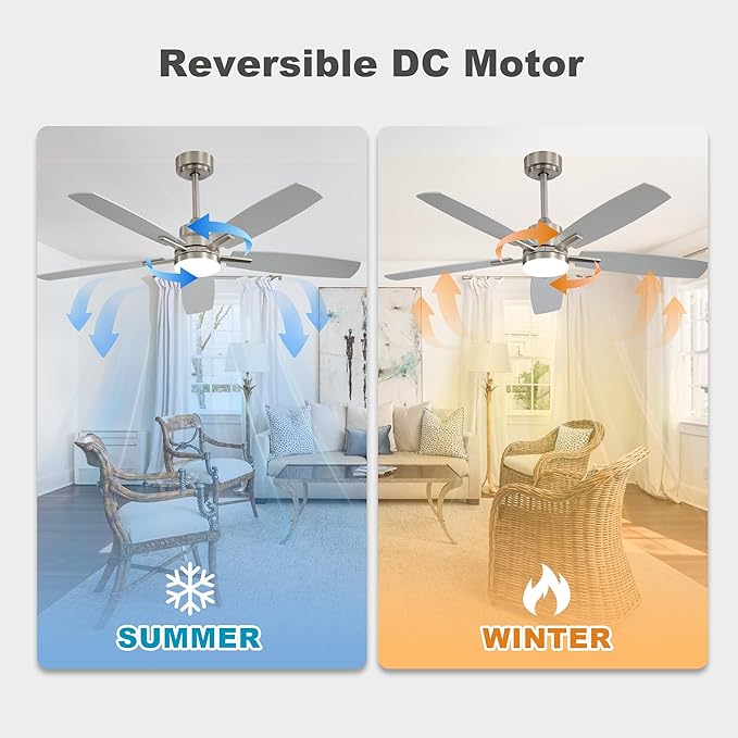 52" Remote Control Ceiling Fan with Light – 6-Speed Quiet DC Motor, Dimmable 3-Color LED, Flush Mount for Bedroom, Living Room, Dining Room,NICKEL