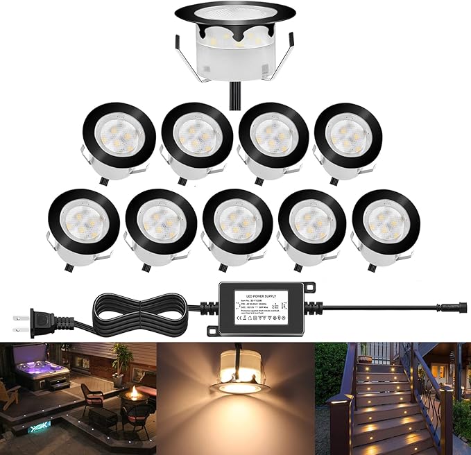 Led Deck Lights Outdoor Waterproof Low Voltage Stainless Steel 1W Outdoor Yard Garden Decoration Lamps Landscape Pathway Patio Step Stairs LED In-ground Lights Black Border(10pcs,Warm White)
