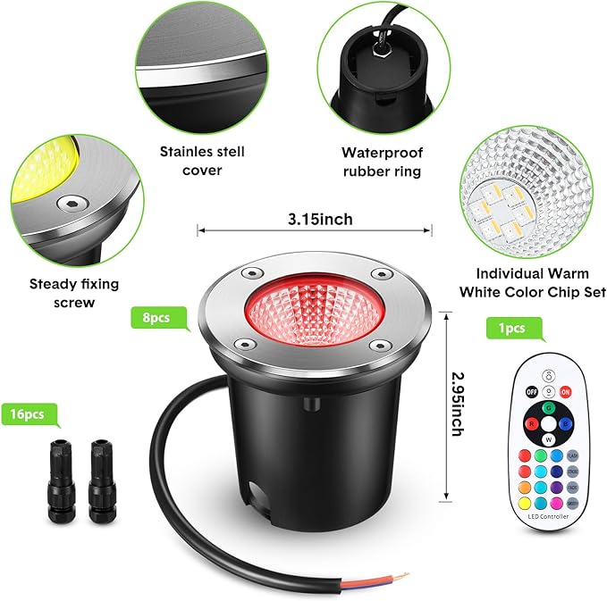 Tuanse 8 Pack Low Voltage Landscape Lights with 16 Connectors and 1 Remotes, RGBW Colored LED Well Lighting 12v-24v Waterproof Outdoor in Ground Lights for Garden Pathway Deck