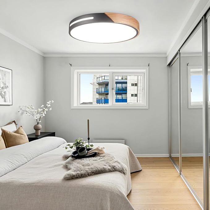 Wood Ceiling Light Flush Mount LED 36W 2Pack, 16 inch Flush Mount Black 5CCT, Kitchen Light Fixtures Ceiling Mount, Dimmable Close to Ceiling Light for Bedroom, Living Room, Bathroom