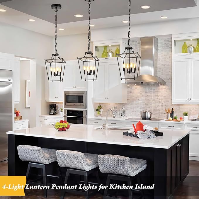 Black Lantern Pendant Light 4-Light Pendant Light Fixtures Hanging Farmhouse Chandelier with E12 Bulb Base, 12" Adjustable Lantern Light Fixture for Dining Room Kitchen Foyer