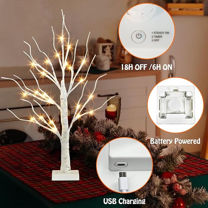 EAMBRITE Lighted Birch Tree Easter Decorations for Home, 2Pack 24 LED Battery Operated/USB Tabletop Mini Small Artificial White Trees with Lights for Christmas Indoor Table Mantel Spring Decor (2FT)