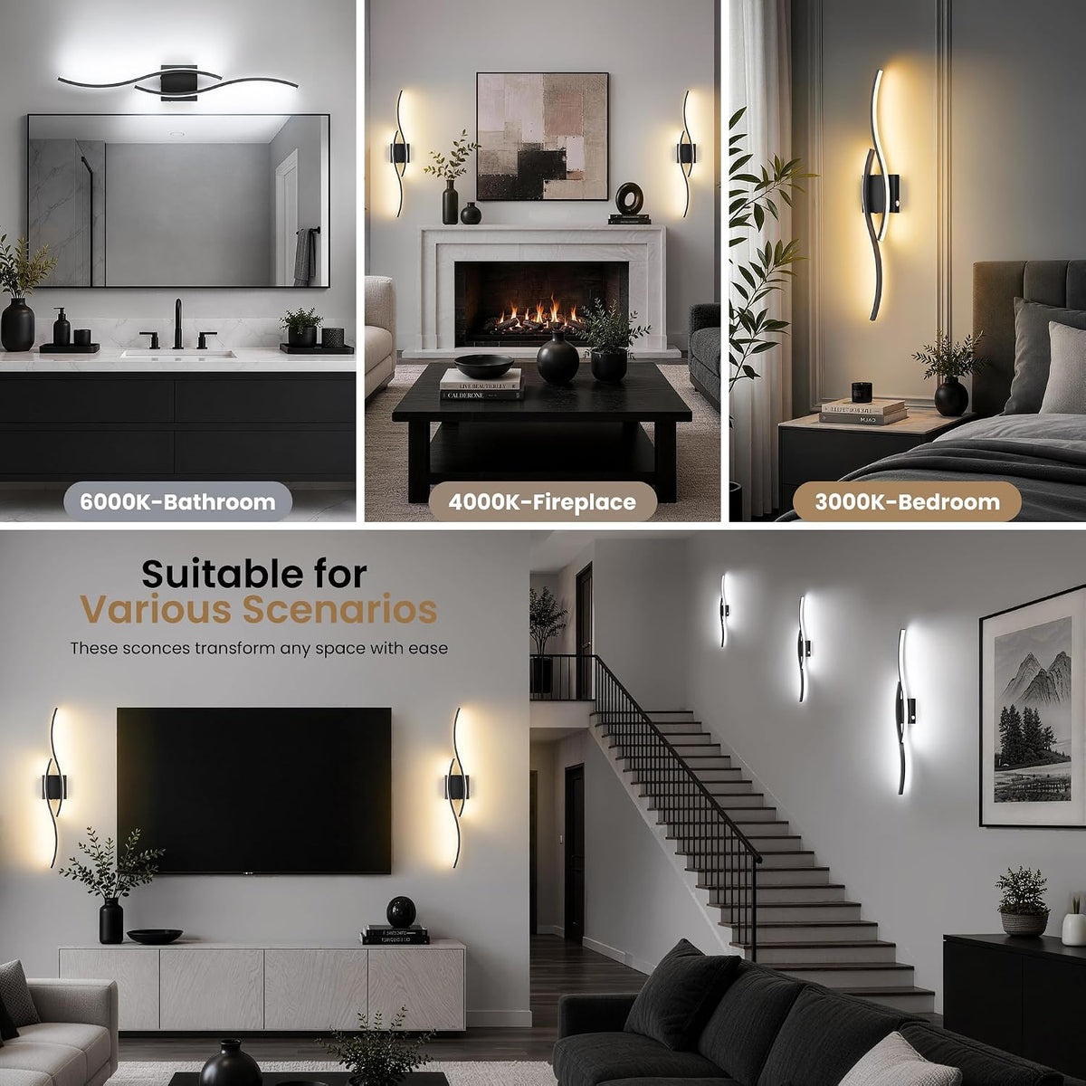 31.5-Inch Cordless LED Wall Sconces with Remote & Touch Control, Black, Set of 2