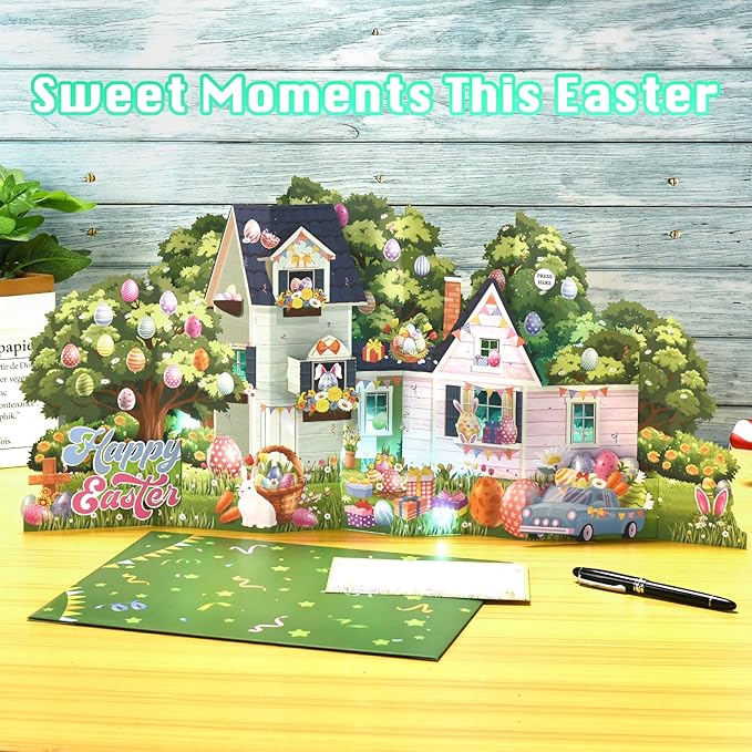 Pop Up Easter Cards, 3D Jumbo Easter House Greeting Card with Lights & Music, Giant Happy Easter Bunny Eggs Scene Card Keepsake Gift for Kids Family Friends Spring Holiday Celebration