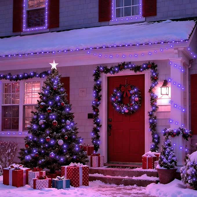 QITONG 165ft 500 LED Purple String Lights Outdoor, Clear Wire Christmas Lights with 8 Modes, Twinkle Xmas Lights Indoor Plug in
