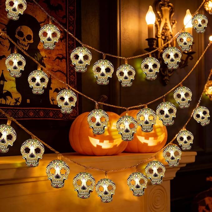 Halloween String Lights,15FT 30 LED Fairy Decor Lights USB & Battery Operated (Not Included) Cute Skull String Lights 2 Modes Waterproof Fall Light Decoration for 2025 Indoor Outdoor Home Party Garden
