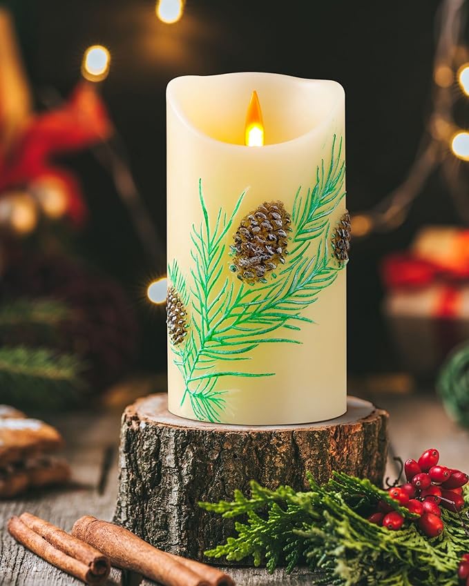 Embossed Pinecone Flameless LED Candle-Realistic Flickering Flame-Battery-Operated Candle with Remote Timer-Real Wax - unscented - Home - Holiday Decoration (3" x 6 ")