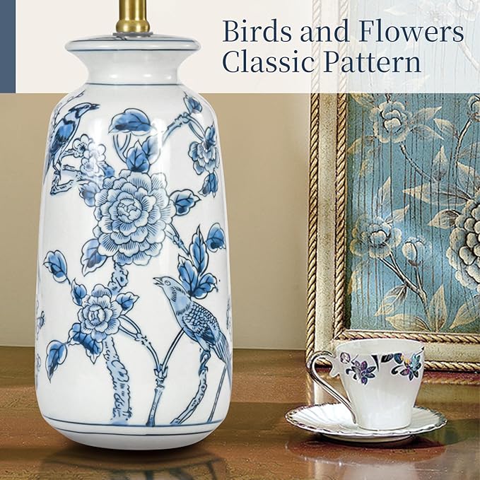 24.25" Blue Ceramic Table Lamp for Living Room, Classic Blue and White Lamp for End Table, Blue Birds and Flowers Lamps, Traditional China Nightstand Lamp for Bedroom