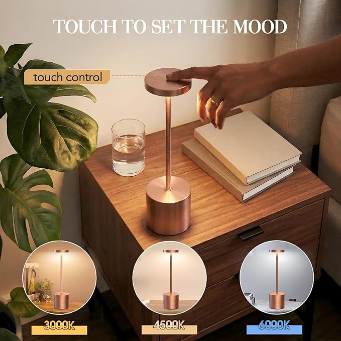 Cordless Table Lamp – 2 Pack Rechargeable Table Lamps, 5000mAh Battery Operated Lamp with 3-Color Dimmable Light, Outdoor Table Lamp for Bedroom, Restaurant, Patio, Home Décor (Rose Gold)