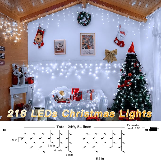 Icicle Lights for Outside, 216LED 24FT Waterproof Christmas Light Outdoor with 8 Modes & Timer, Connectable Christmas Icicle Lights for Eaves House Yard Indoor Outdoor Holiday Decoration(Cool White)