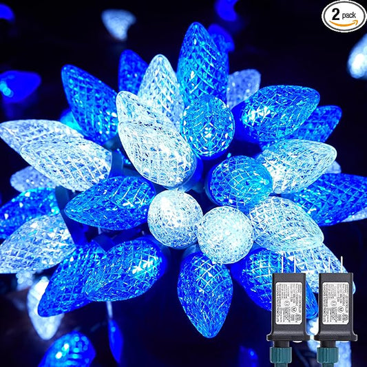 Brightown C9 Christmas Lights Outdoor 2 Pack - Total 162 FT 200 LED C9 String Lights, with Timing & Memory, 8 Modes, Connectable, Waterproof - for Indoor Outside Tree Home Yard Decoration, Blue&White