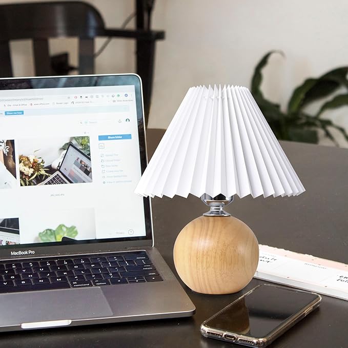 Korean Pleated Table Lamp Ins DIY Ceramic Table Lamps for Living Room Home Deco Cute Lamp with Tricolor Led Bulb Beside Lamp (Wood and White)
