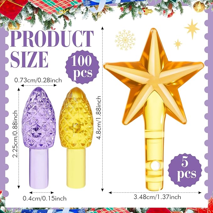 Boao 100 Pieces Ceramic Christmas Tree Bulbs and 5 Stars Replacement Plastic Bulbs for Ceramic Christmas Tree Decorations (4 mm Diameter,Purple and Orange)