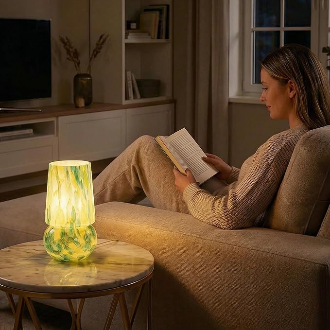 9.8 Inch Mushroom Table Lamp, UL Listed Dimmable Small Desk & Bedside Lamp with Woven Beige Cord, Handcrafted Pattern, Murano Home Decor for Bedroom, Living Room, Entryway (Emerald Teal)