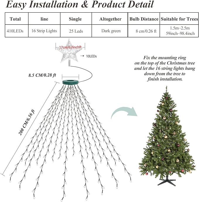 Aneeway Tree Lights with Star Toppers, 410 LED Christmas Lights, 8 Modes & Memory Function, 6.6FT x 16 String Lights, Remote Control & Timing for Ornaments - Warm White