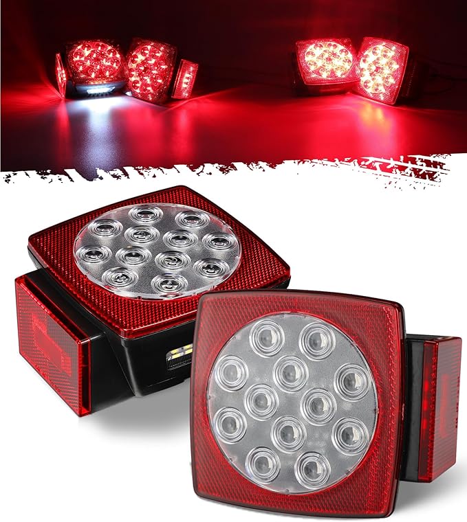 Partsam 12V Submersible Square Led Trailer Lights, Red White LED Stop Turn Tail License Side Marker Running Light Lamp for Trailers Under 80" Boat Trailer Truck, IP68, Red Clear Lens