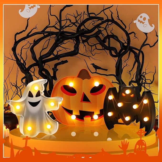 VIHOSE 3 Pcs Halloween Decoration Lights Halloween Marquee Sign Ghost Pumpkin Bat Lamp LED Desk Lamp Decorative Battery Operated Night Lights for Bedroom Table Indoor Outdoor Home Bar Party Gift