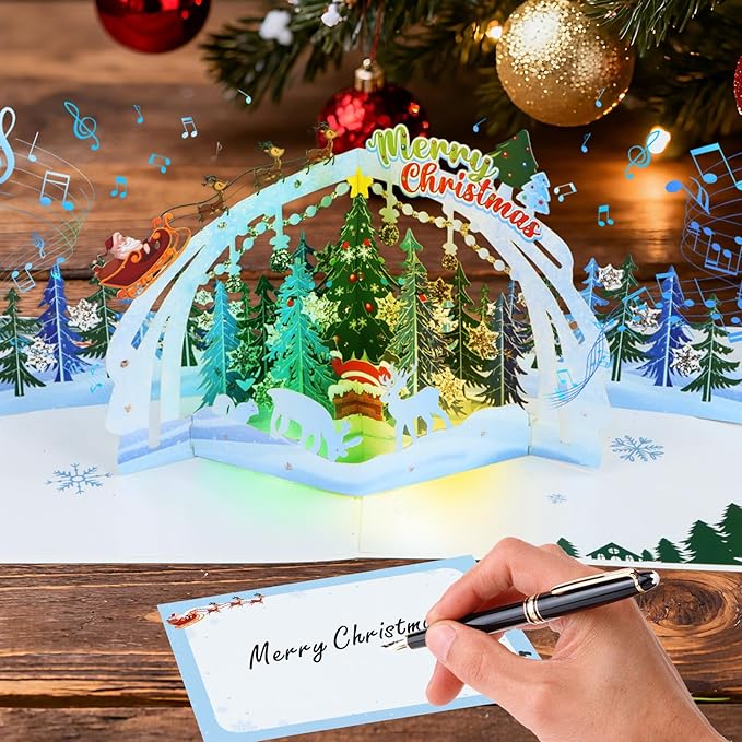 FaCraft Musical Christmas Cards, with Lights and Music, 15.4 x 10.4 inch Handmade 3D Large Pop Up Christmas Card, with Envelope Blank Insert and Seal for Winter Holidays New Year (Woodland)