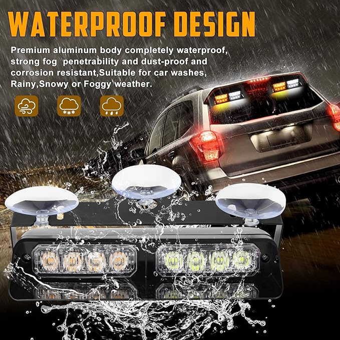 White Amber 2 In 1 LED Emergency Dash Strobe Lights, 16 Flashing Modes 12V Interior Shield Traffic Advisor Safety Hazard Warning Lights with Suction Cups for Vehicles Trucks (Yellow＆White)