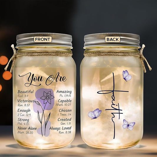 Religious Gifts for Women Christian Mason Jar Lamp - Easter Mothers Day Inspiration for Mom Bible Encouragement Gifts for Women - Faith Jar 14oz Nightlight Bible Scripture for Mom Nana Girlfriend
