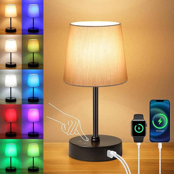 Ascher Small Bedside Table lamp, RGB Color Changing Lamps, 3 Color Temperatures Nightstand Lamps with USB C and A Ports, Touch Dimmable Desk Lamp for Bedroom Living Room(Grey Shade)