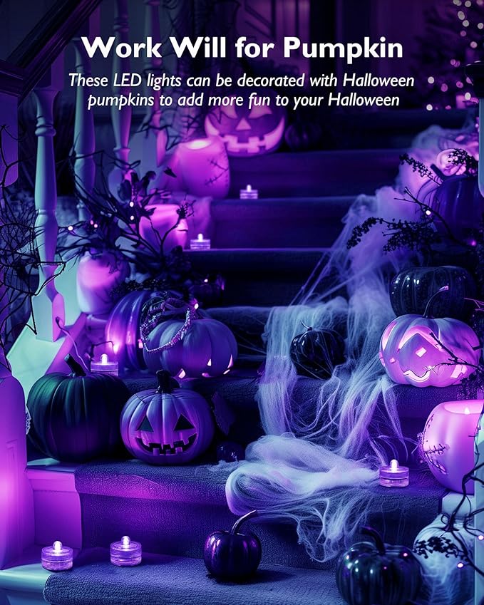 Homemory 12pcs Mini Submersible LED Lights, Waterproof Small Tealight Candles,Battery Operated Underwater EFX Light for Vase,Pool Pond,Halloween Lantern Decor-Purple