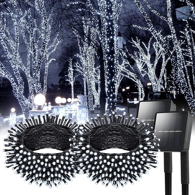 Dailyart Solar String Lights Outdoor, 2 Pack 200 Led Solar Fairy Lights for Outside Waterproof 145ft Cool White Solar Lights 8 Lighting Mode Solar String Lights for Outside,Garden,Courtyards,Trees