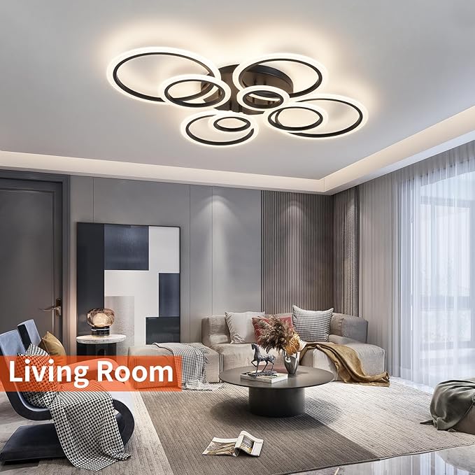 Modern Ceiling Light, 41.3'' Dimmable LED Black Flush Mount Ceiling Lights with Remote Acrylic Round Ceiling Lamp Fixture for Low Ceiling Bedroom Living Room Dining Room, 108W